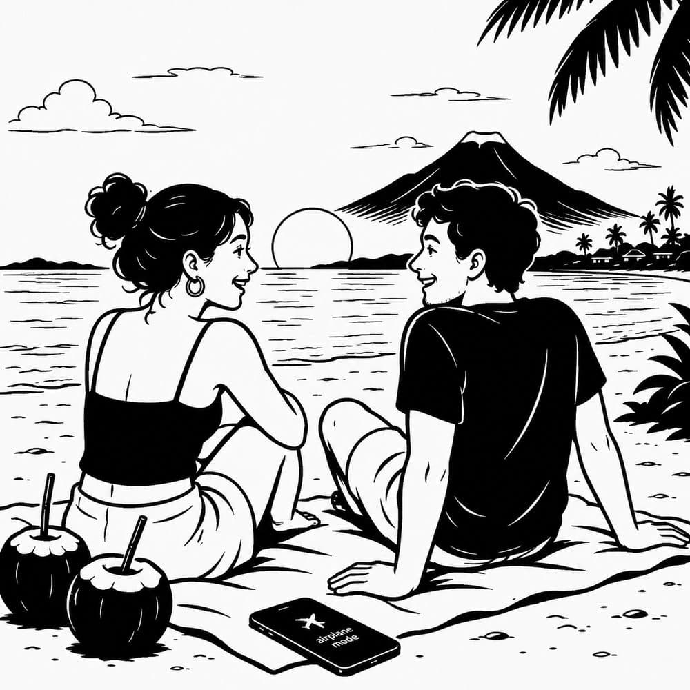 Black and white illustration of a couple on a beach with coconut drinks and a phone in airplane mode