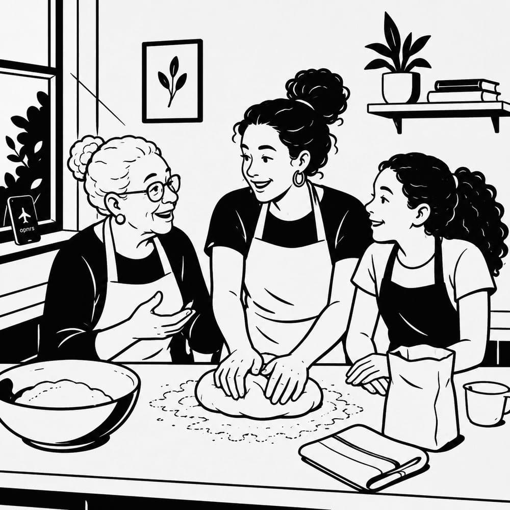 Black and white illustration of three generations of women baking together