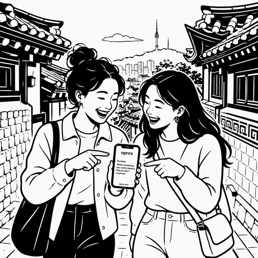 Black and white illustration of two women talking quietly in a hanok alley