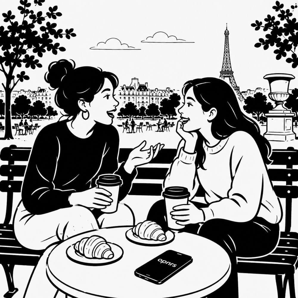 Black and white illustration of two women talking on a park bench