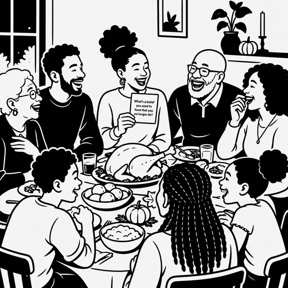 Black and white illustration of a multigenerational family around a dinner table at night with a question card