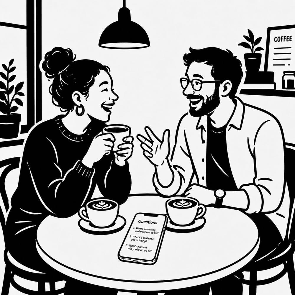 Black and white illustration of two people laughing over coffee in a cafe