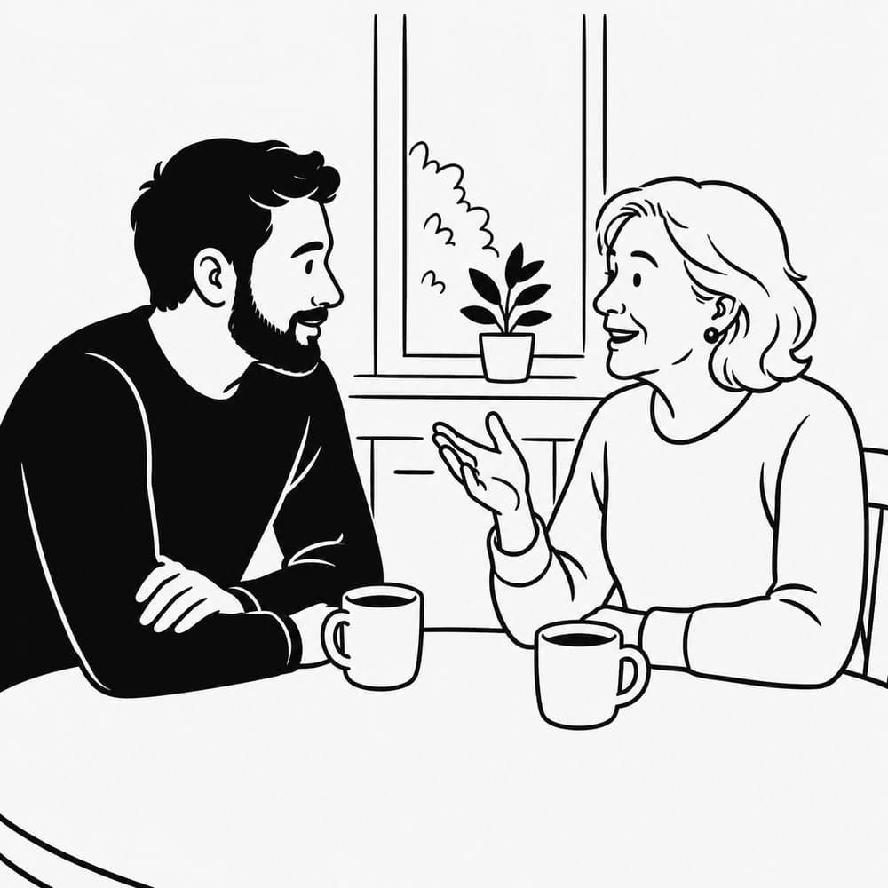 Black and white illustration of an adult son and his mother talking over coffee in a kitchen