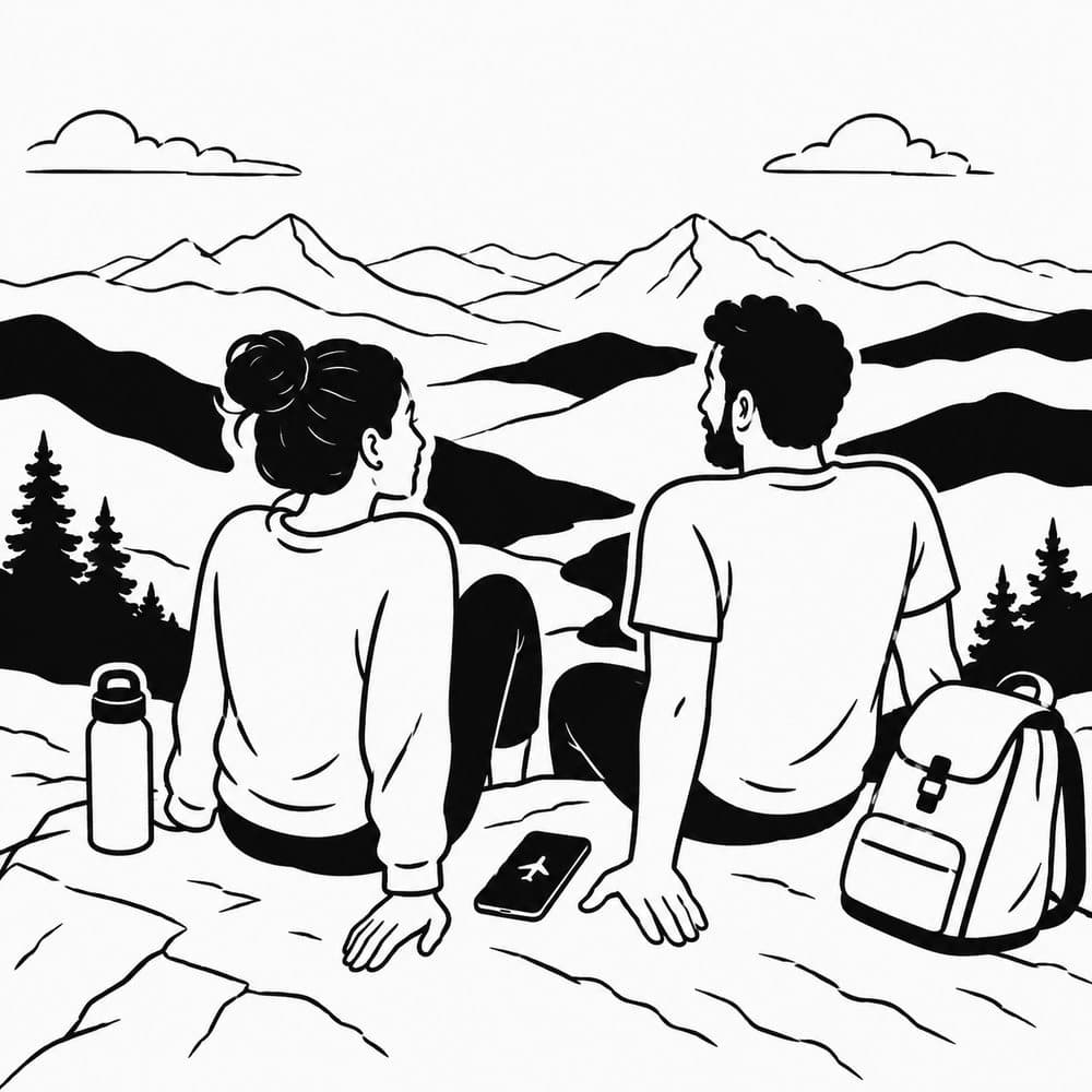 Black and white illustration of a couple at a mountain overlook, phone in airplane mode